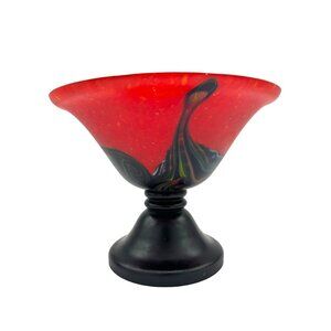 Vtg Bohemian Czechoslovakia Art Glass Pedestal Red and Black Confetti Splatter B